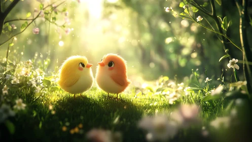 Softly lit stylized chicks converse in a luminous forest glade