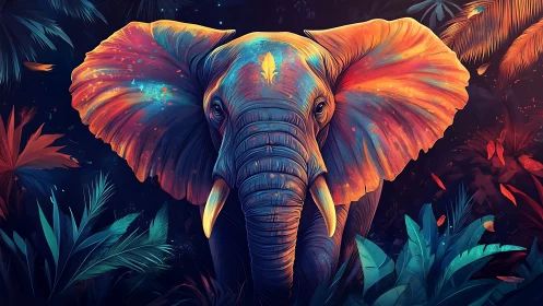 Vibrant digital elephant portrait in dense jungle foliage.
