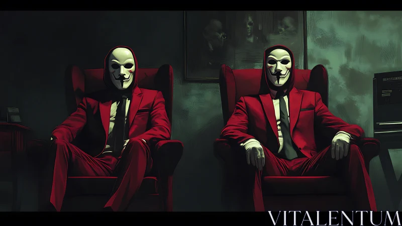 Twin masked figures in crimson suits on shadowed thrones.