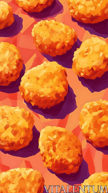 Digital painting of fried nuggets on geometric warm backdrop.