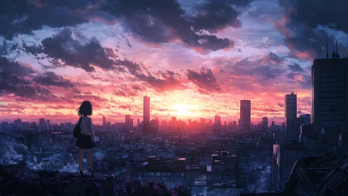 Rooftop girl watching neon sunset over vast anime city.