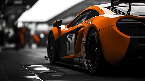 Photorealistic orange GT race car in low-key pit lane study.