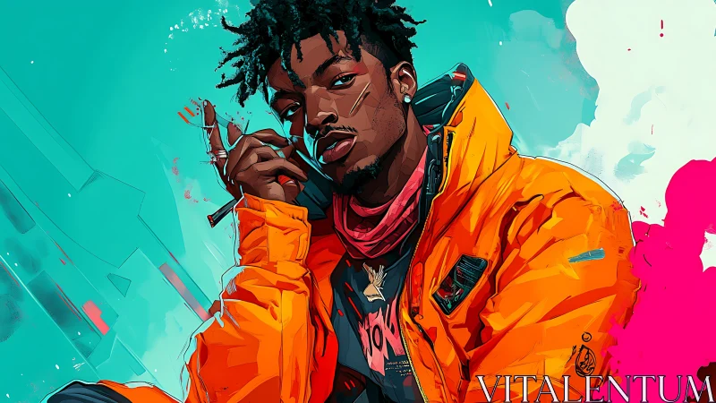 Neon teal portrait of urban man in orange jacket, stylized