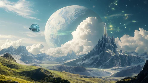 Dreamy alien skyline with misty mountains and bright planet.