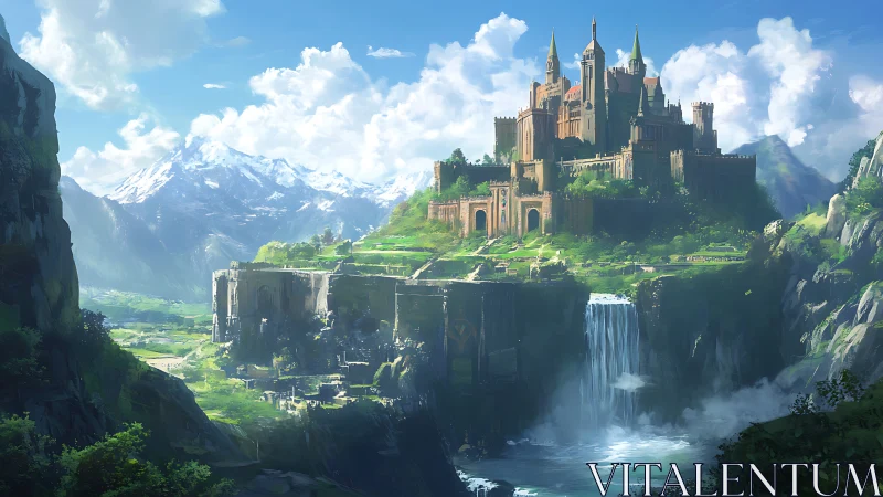 Mountain fortress castle above waterfall and lush valley.