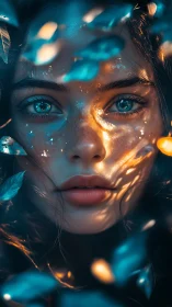 Female face framed by foliage with mixed cool-warm light.