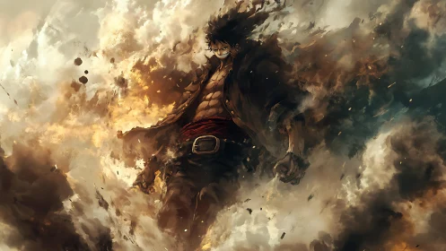 Storm-wreathed warrior strides through burning clouds of power