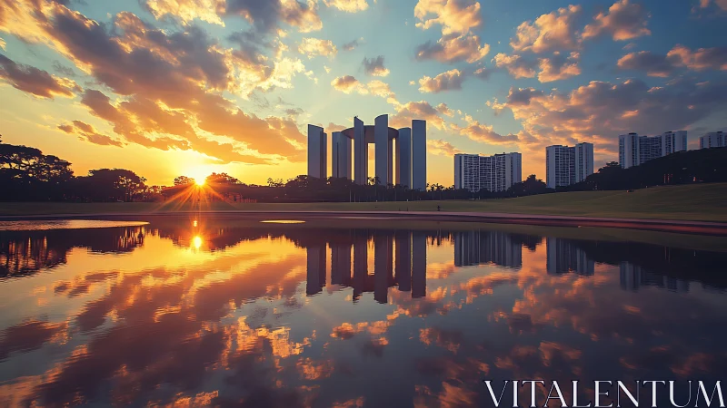 Golden city sunrise welcomes calm reflections on the water