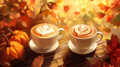 Autumnal latte art in warm bokeh foliage with pumpkin accents