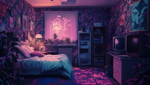 Neon lit floral bedroom with retro electronics and plants.