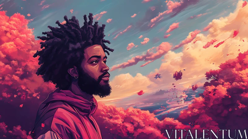 Dreaming traveler gazes toward a surreal sunset horizon