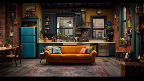 Color-calibrated retro loft kitchen with central ochre sofa.