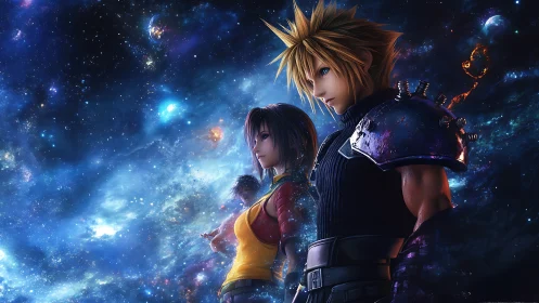 Stargazing anime warriors framed by vivid cosmic nebulae.