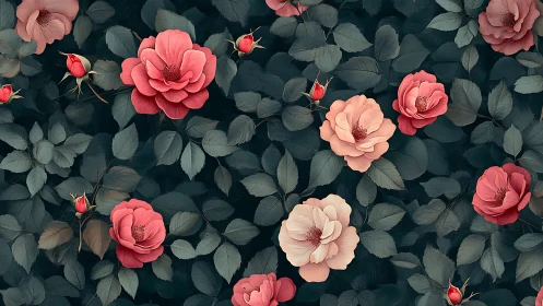 Rose Garden Study. Layered Blooms Against Textured Foliage.