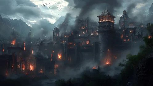 Medieval fortress city engulfed in widespread night fires.