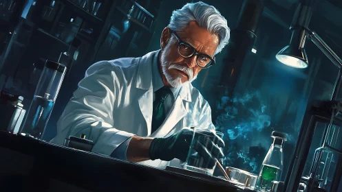 Elder scientist conducts focused experiment under cold lab light