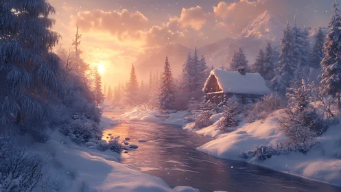 Snowlit riverside cabin dreaming under embered winter skies.