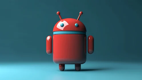 Playful red robot mascot stands on glossy teal stage