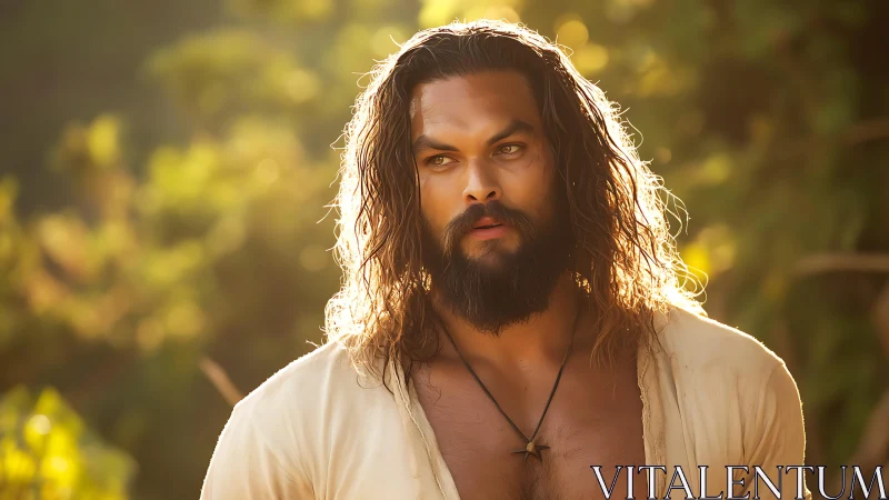 Sunlit wanderer with wild hair and tide-worn calm.
