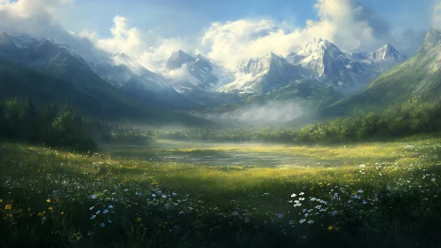 Alpine wildflower valley with sunlit lake and misted peaks.