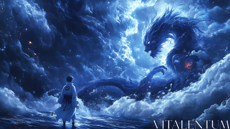 Solitary cloaked figure observes large dragon form in clouds