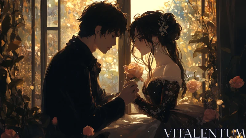 Tender twilight romance shared beside a rose lit window.