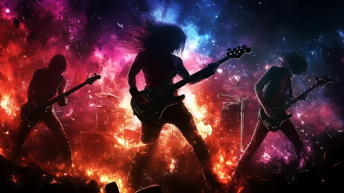 Rock band silhouettes on stage amid fire and nebula light.