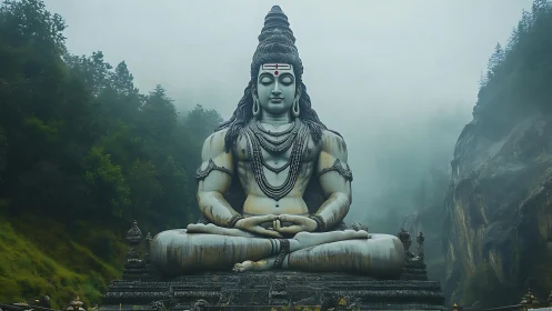Serene Shiva monument in misty forested mountain valley.