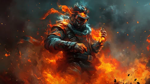 Flame-armored warrior strides through roaring inferno storm.