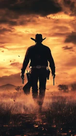 Lone gunslinger strides into molten sunset over wild plain