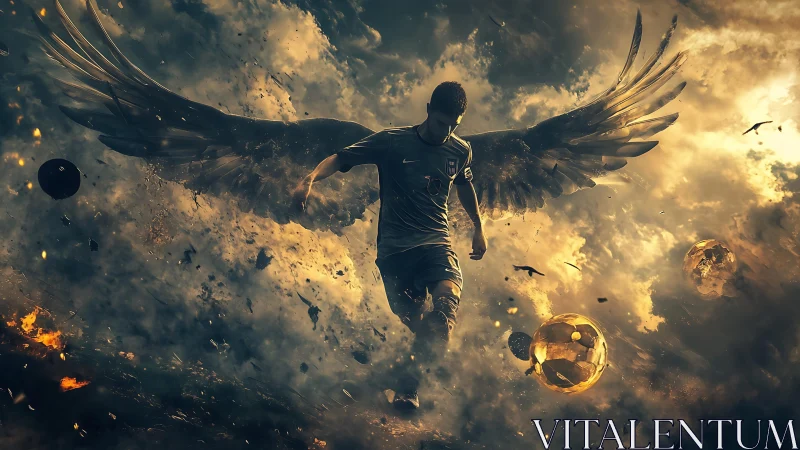 Winged football player strides through clouded debris field