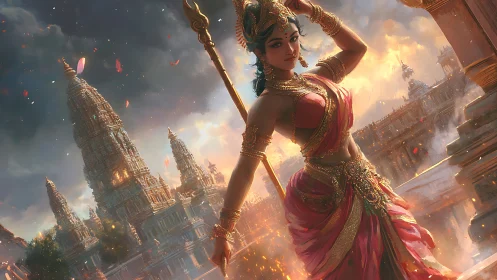 Warrior goddess stands amid burning temple skyline at dusk