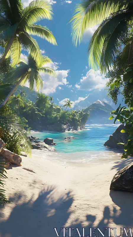 Tropical beach cove with palm fronds, sandy shore, turquoise water.