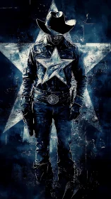 Lone cyber-western gunslinger framed by distressed star emblem