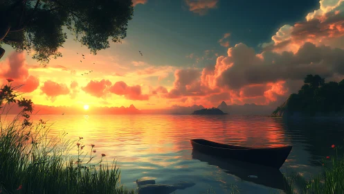Solitary wooden boat rests on tranquil sunset lake