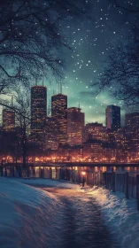 Winter riverfront glows under a softly lit city skyline