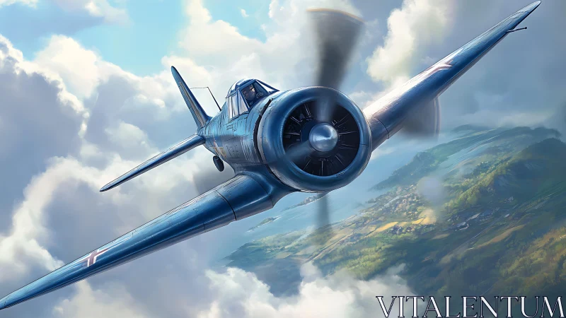 Blue warbird fighter slices through sunlit cloud cover.