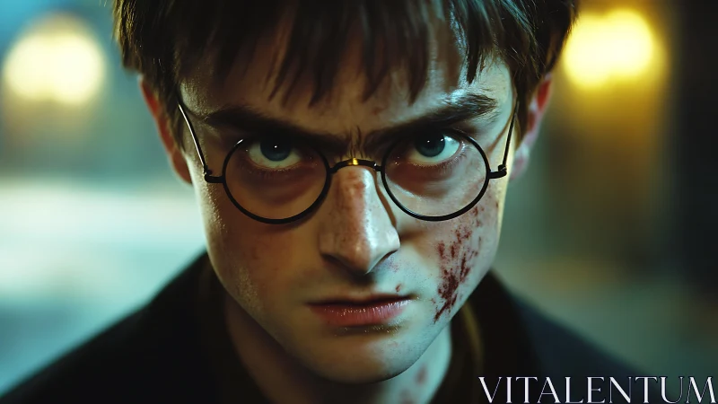 Determined young wizard stares ahead with battle-worn face.