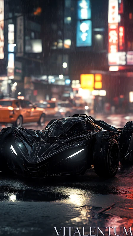 Night-stalking hypercar prowls neon rain-slicked city streets.