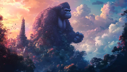 Colossal gorilla guardian towering above misty temple forest.