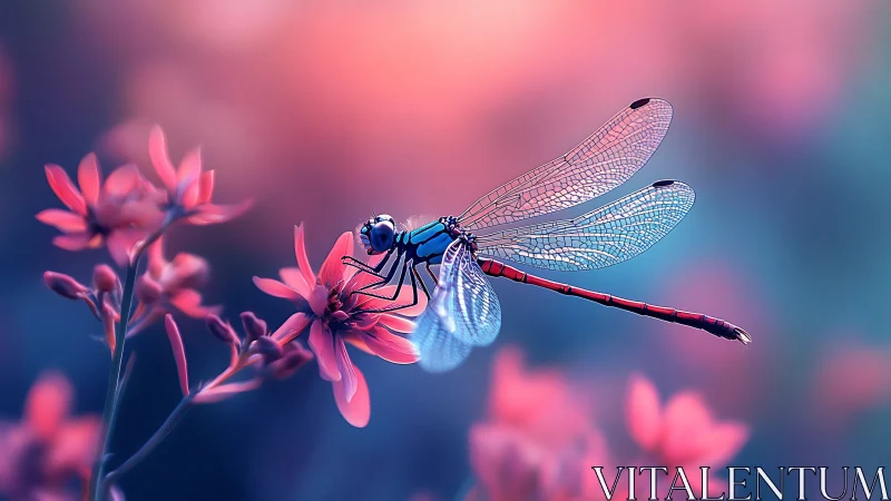 Dragonfly rests on pink flowers over blurred bokeh background.