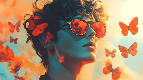 Stylized portrait of youth with butterflies and sunglasses.