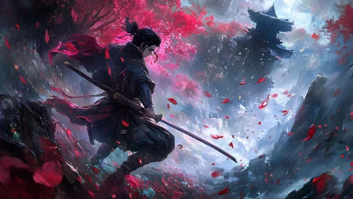 Lone samurai stalks misty ravine under crimson blossoms.