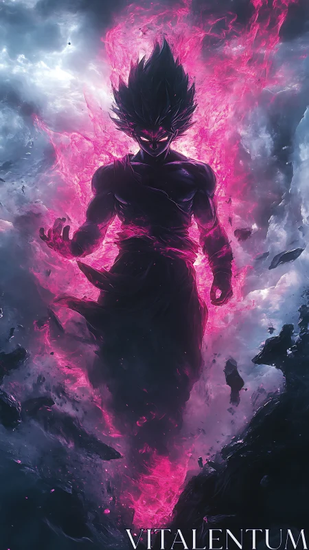 Shadow warrior rises wreathed in luminous pink energy storm