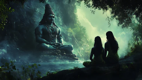 Monolithic Shiva statue by misted jungle river with meditating figures