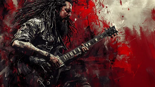 Passionate rock guitarist lost in a storm of red energy.