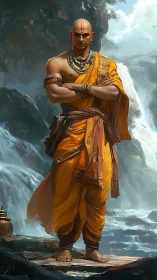 Stoic monk in saffron robes before thunderous waterfalls.