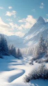 Snow-covered alpine valley extends beneath steep mountain peak