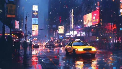 Neon rain crowns a lone yellow cab in midnight cityrush.
