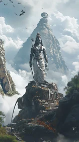 Majestic Shiva statue towers above misty Himalayan peak.